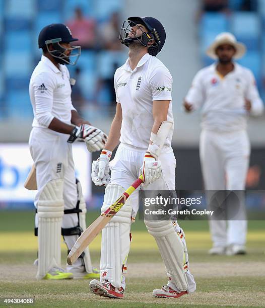 Mark Wood of England reacts after being dismissed by Zulfiqar Babar of Pakistan during day five of the 2nd test match between Pakistan and England at...