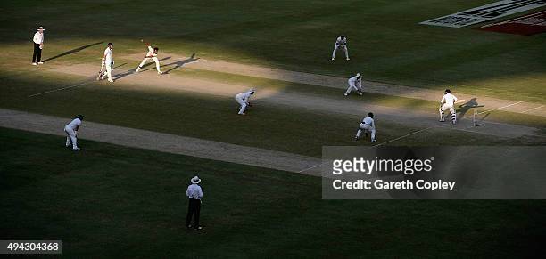Wahab Riaz of Pakistan bowls to Adil Rashid of England during day five of the 2nd test match between Pakistan and England at Dubai Cricket Stadium on...
