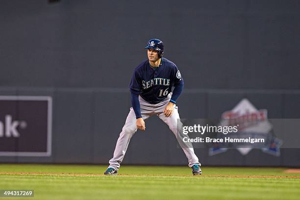 Cole Gillespie of the Seattle Mariners leads off against the Minnesota Twins on May 17, 2014 at Target Field in Minneapolis, Minnesota. The Twins...