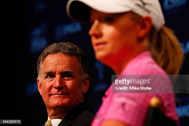John Veihmeyer, Chairman, KPMG and Stacy Lewis, LPGA Professional speak to the media to announce a KPMG Women's PGA Championship on May 29, 2014 at...