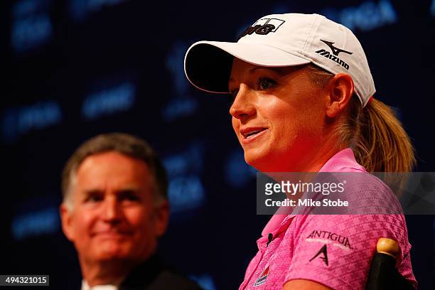 Stacy Lewis, LPGA Professional speaks to the media during a press conference to announce a KPMG Women's PGA Championship on May 29, 2014 at the NBC...
