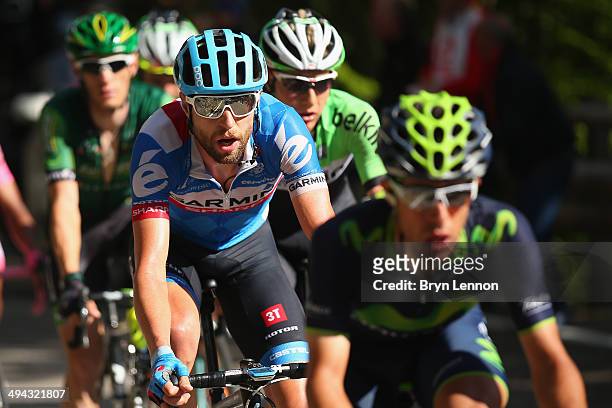 Ryder Hesjedal of Canada and Garmin-Sharp in action during the eighteenth stage of the 2014 Giro d'Italia, a 171km high mountain stage between...