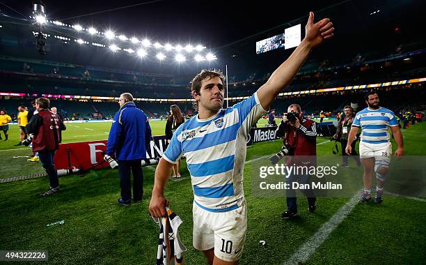 Nicolas Sanchez of Argentina waves to the fans following his side's defeat during the 2015 Rugby World Cup Semi Final match between Argentina and...