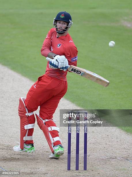 Jordan Clark of Lancashire bats during the Natwest T20 Blast match between Durham Jets and Lancashire Lighting at The Riverside on May 29, 2014 in...