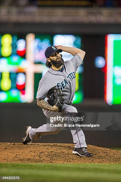 Joe Beimel of the Seattle Mariners pitches against the Minnesota Twins on May 16, 2014 at Target Field in Minneapolis, Minnesota. The Twins defeated...