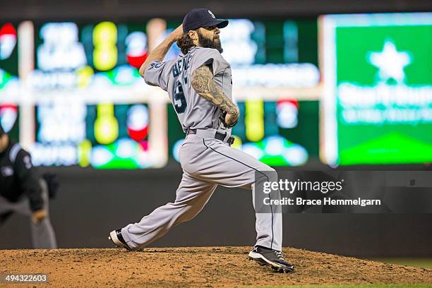 Joe Beimel of the Seattle Mariners pitches against the Minnesota Twins on May 16, 2014 at Target Field in Minneapolis, Minnesota. The Twins defeated...