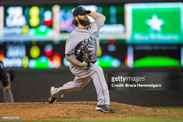 Joe Beimel of the Seattle Mariners pitches against the Minnesota Twins on May 16, 2014 at Target Field in Minneapolis, Minnesota. The Twins defeated...