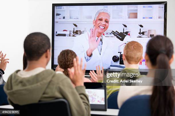 students using video conference in class - e learning teacher stock pictures, royalty-free photos & images