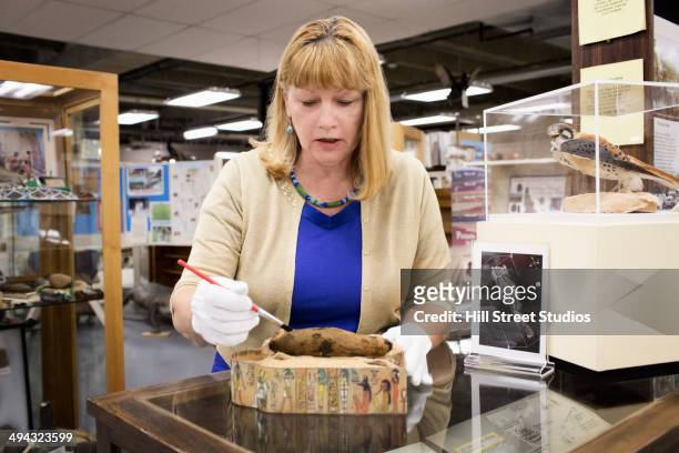 caucasian curator examining artifact in museum - museumswärter stock-fotos und bilder