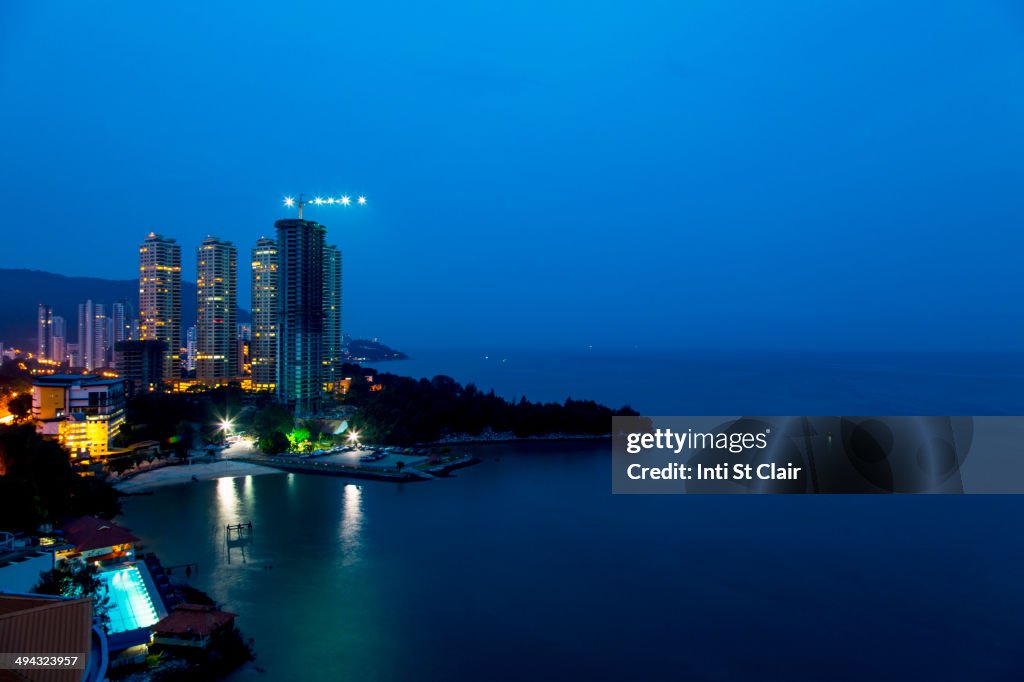 Tanjung Bungah coastline lit up at night, Penang, Malaysia