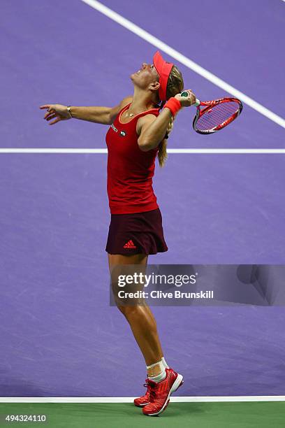 Angelique Kerber of Germany in action against Petra Kvitova of Czech Republic in a round robin match during the BNP Paribas WTA Finals at Singapore...