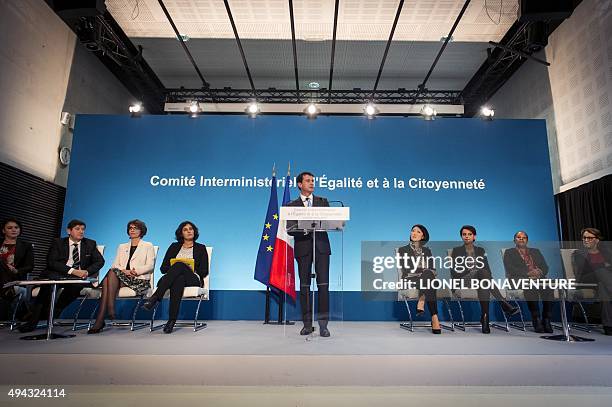 France's Prime Minister Manuel Valls delivers a speech during a visit to the Vigne Blanche district in Les Mureaux on October 26, 2015. French...