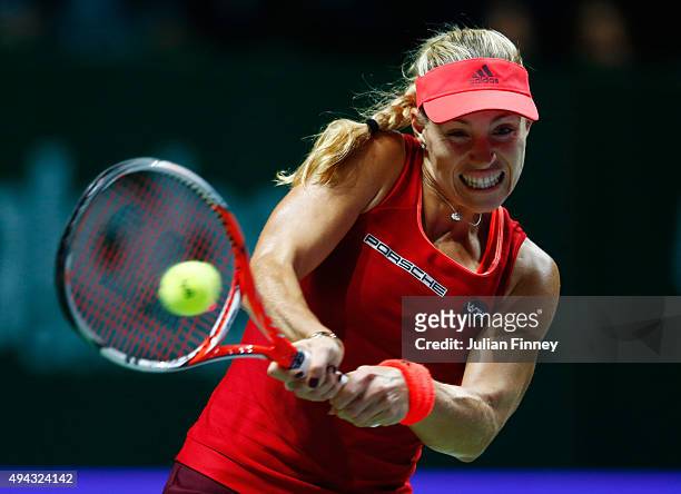 Angelique Kerber of Germany in action against Petra Kvitova of Czech Republic in a round robin match during the BNP Paribas WTA Finals at Singapore...