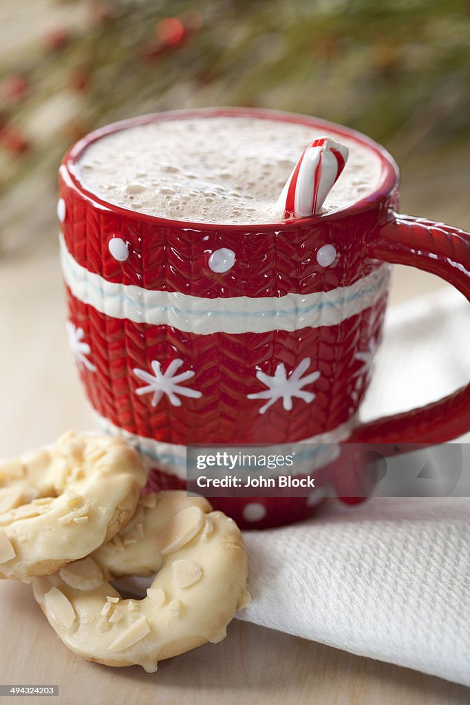 Close up of cookies and mug of hot chocolate