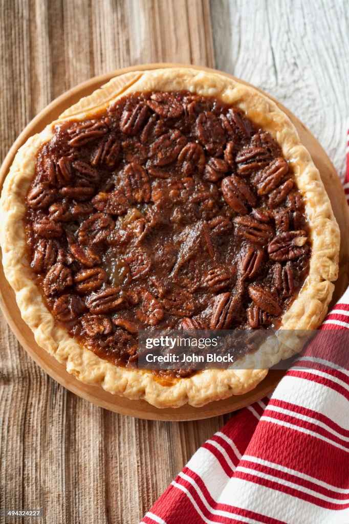 Pecan pie on tablecloth