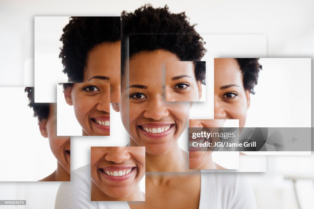 Portrait of smiling Black woman in fragmented parts