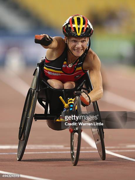 Marieke Vervoort of Belgium wins the women's 100m T52 final during the Evening Session on Day Five of the IPC Athletics World Championships at Suhaim...