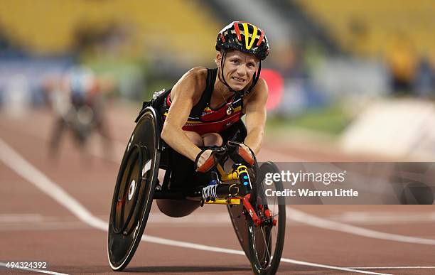 Marieke Vervoort of Belgium wins the women's 100m T52 final during the Evening Session on Day Five of the IPC Athletics World Championships at Suhaim...