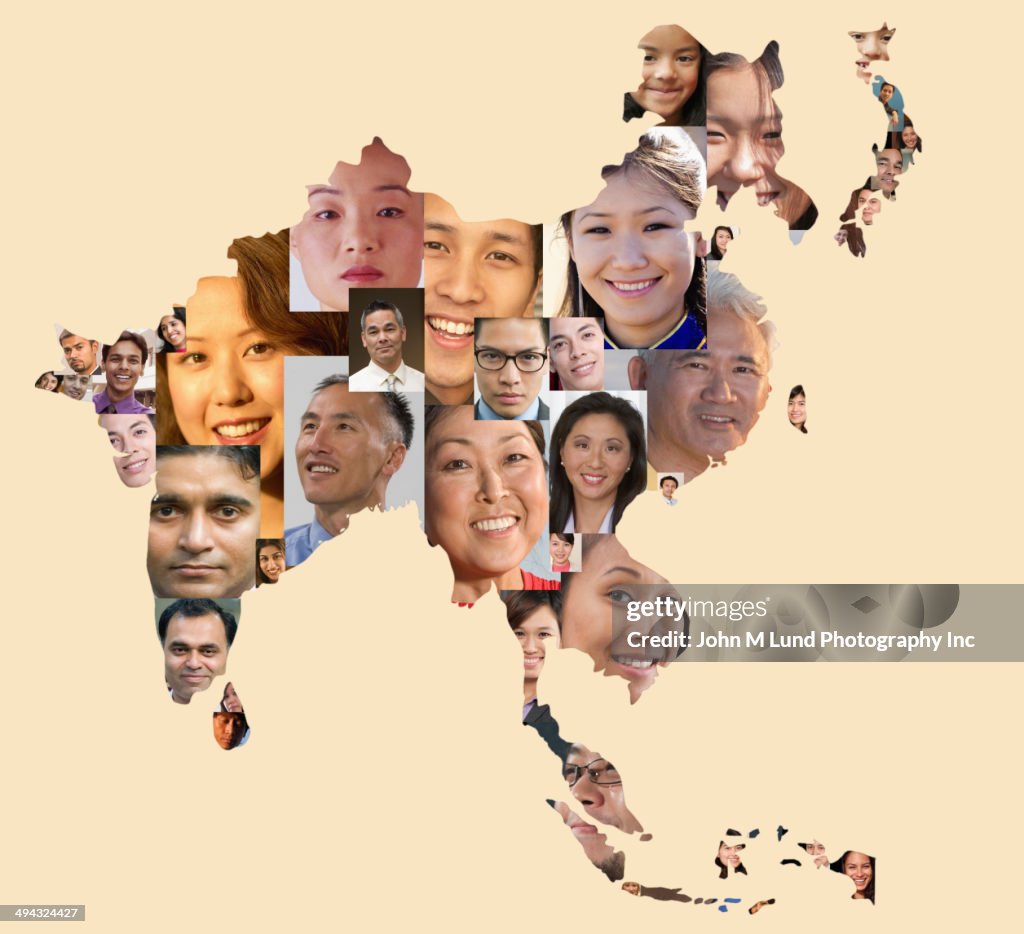 Collage of business people in shape of Asia map