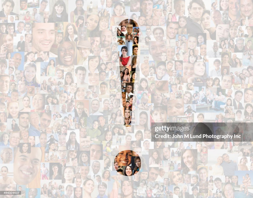 Exclamation point over collage of business people