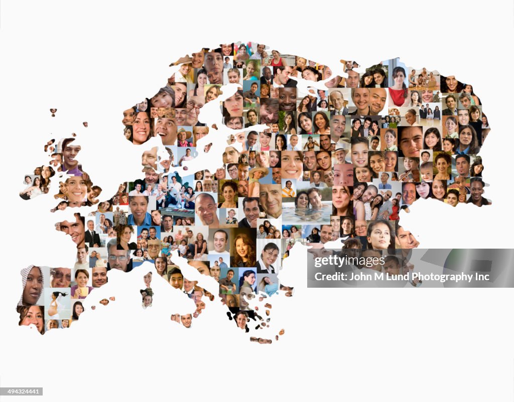 Collage of business people in shape of world map