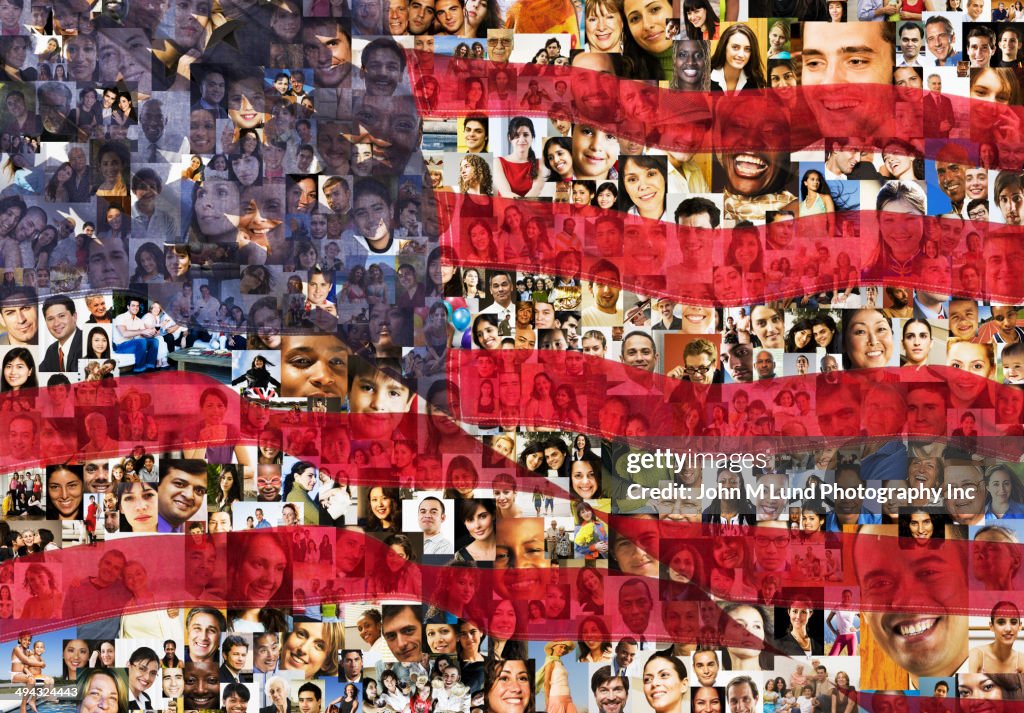 American flag over collage of business people