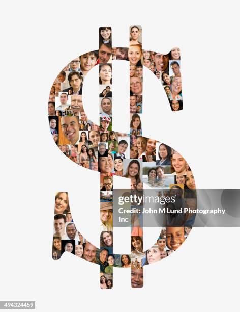 dollar sign over collage of business people - crowdfunding stock-fotos und bilder