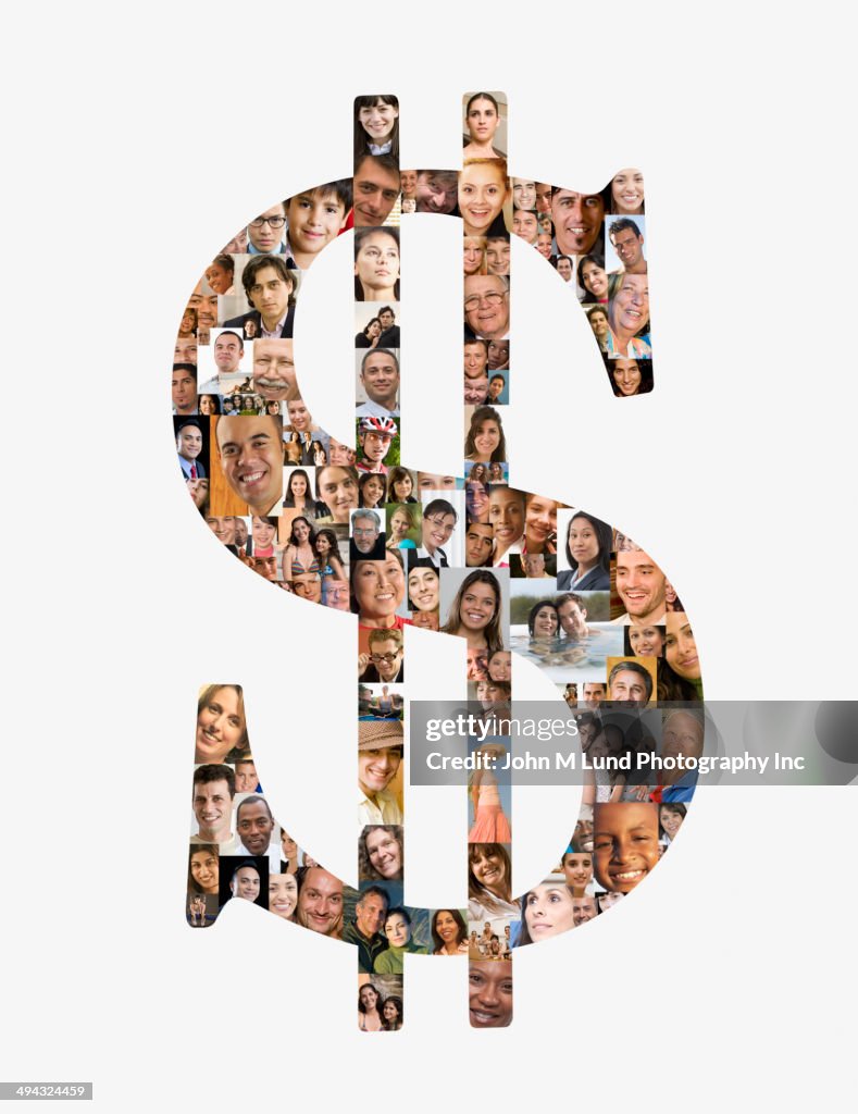 Dollar sign over collage of business people