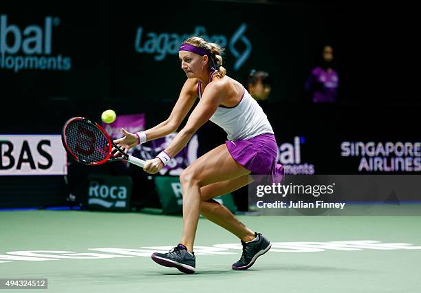 Petra Kvitova of Czech Republic in action against Angelique Kerber of Germany in a round robin match during the BNP Paribas WTA Finals at Singapore...