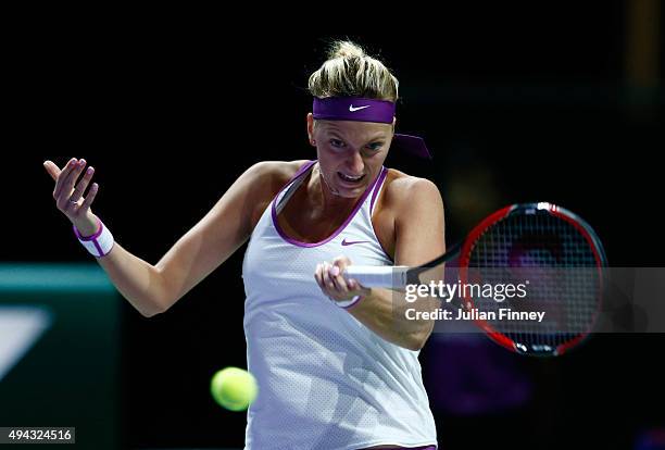 Petra Kvitova of Czech Republic in action against Angelique Kerber of Germany in a round robin match during the BNP Paribas WTA Finals at Singapore...