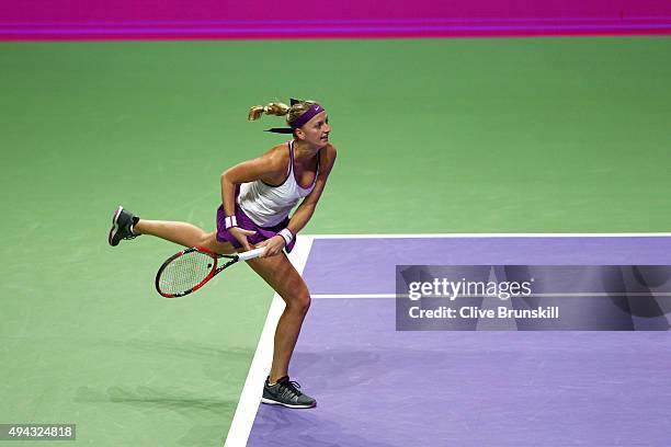 Petra Kvitova of Czech Republic in action against Angelique Kerber of Germany in a round robin match during the BNP Paribas WTA Finals at Singapore...