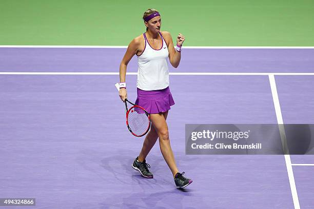 Petra Kvitova of Czech Republic reacts during her round robin match against Angelique Kerber of Germany during the BNP Paribas WTA Finals at...