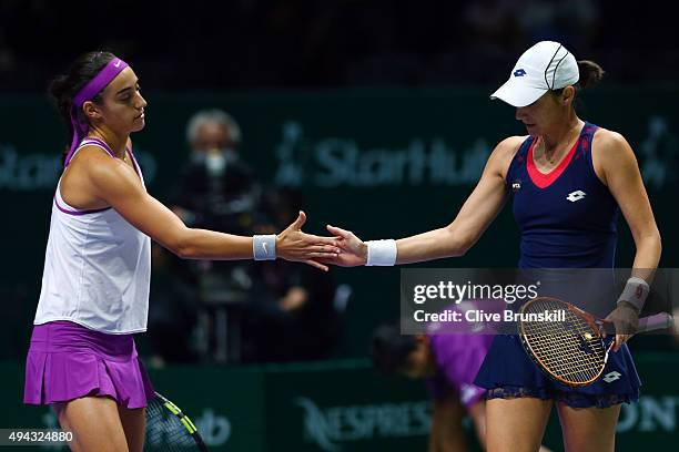 Caroline Garcia of France and Katarina Srebotnik of Slovenia in action against Yung-Jan Chan of Chinese Taipei and Hao-Ching Chan of Chinese Taipei...