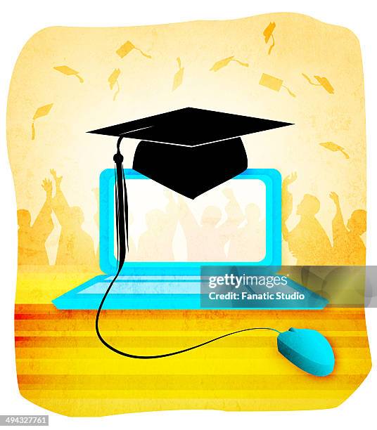 mortar board on a laptop - graduation cap throw stock illustrations