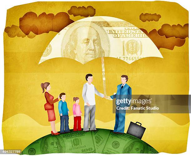 family sheltering under an insurance cover umbrella - eltern geld stock-grafiken, -clipart, -cartoons und -symbole