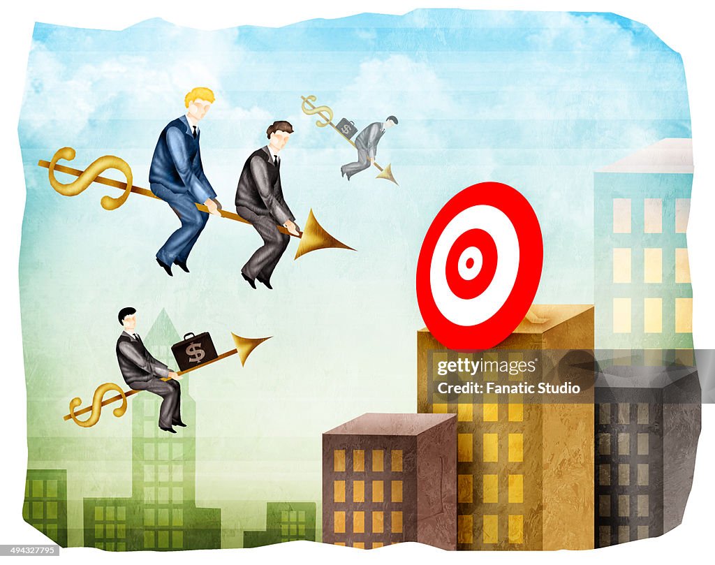 Sales executives reaching towards a target on arrows