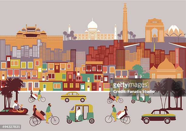 city with montage of landmarks, new delhi, india - india stock illustrations