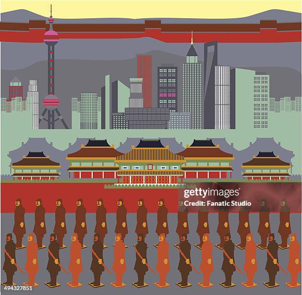 illustration showing top tourist attractions in china - fernsehturm oriental pearl tower stock-grafiken, -clipart, -cartoons und -symbole