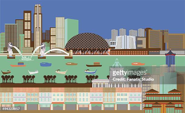 illustration showing top tourist attractions in singapore - promenade stock illustrations