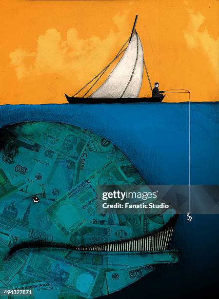 businessman fishing for a large money whale - angel investor stock-grafiken, -clipart, -cartoons und -symbole