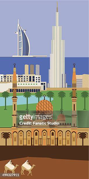 montage of the tourist attractions of uae along with camel safari, united arab emirates - burj khalifa stock-grafiken, -clipart, -cartoons und -symbole