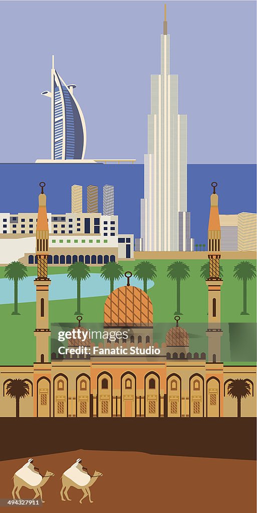 Montage of the tourist attractions of UAE along with camel safari, United Arab Emirates