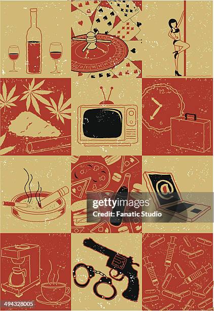 ilustrações, clipart, desenhos animados e ícones de collage of objects people addicted with - cocaína