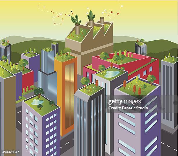 parks on the roof of skyscrapers - büropark stock-grafiken, -clipart, -cartoons und -symbole