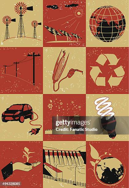 collage of objects related to environment - river pollution stock illustrations