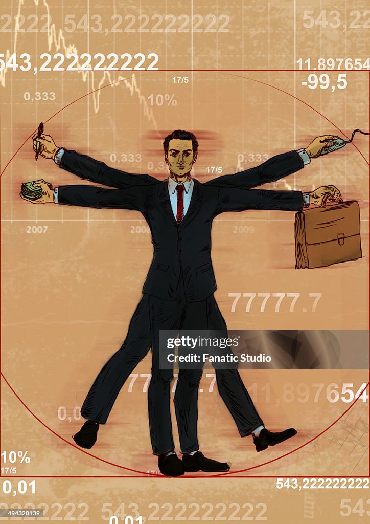 Businessman representing Leonardo da Vinci's Vitruvian Man