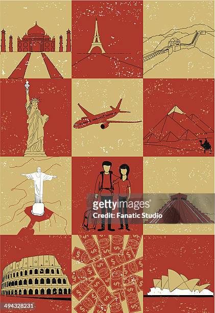 stockillustraties, clipart, cartoons en iconen met montage illustration of wonders of the world - sydney opera house