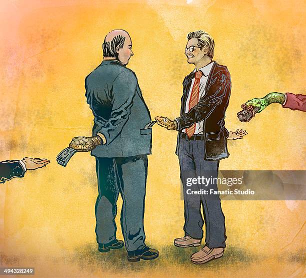 businessmen exchanging bribes - bundle deal stock illustrations
