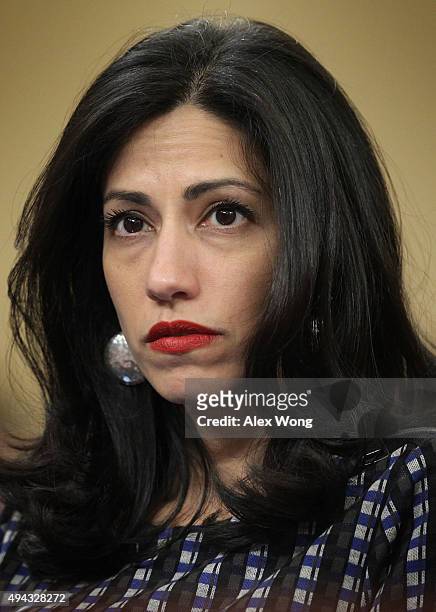 Long-time aide to Democratic presidential candidate and former Secretary of State Hillary Clinton, Huma Abedin, is seen during a hearing before the...