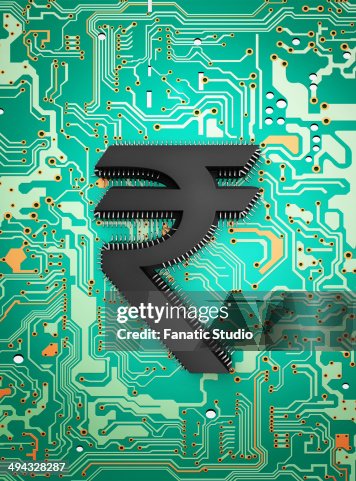Indian rupee symbol on circuit board Indian rupee symbol on circuit board